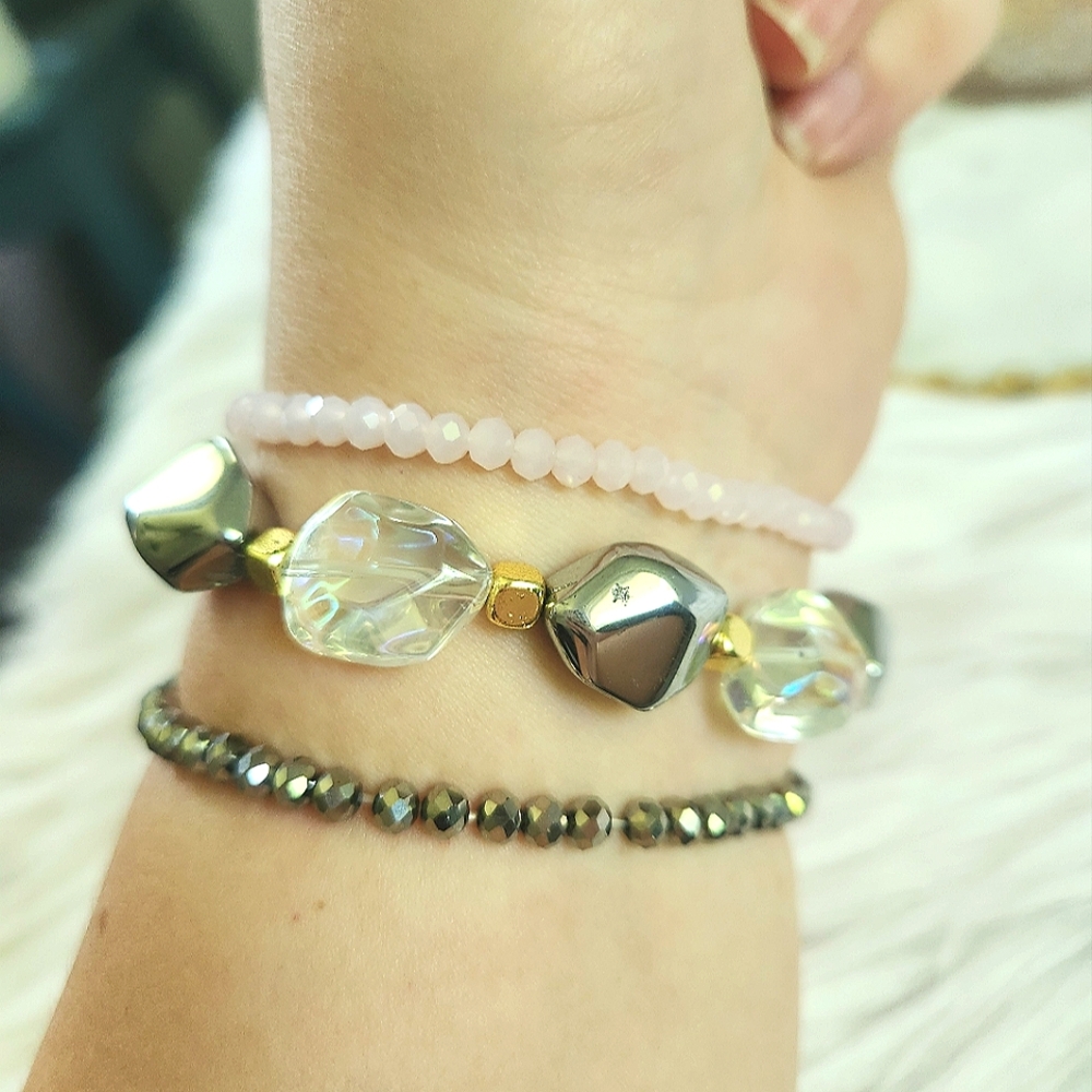 NWT Ryze Iridescent, Chrome, and Pale Pink Colored Beaded Staxx Bracelets - Picture 6 of 6
